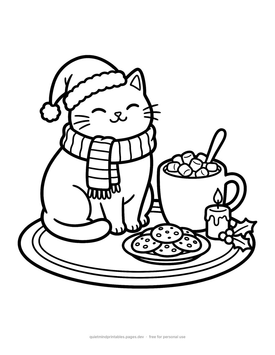 Cat in a Santa Hat with Cocoa printable coloring page for adults