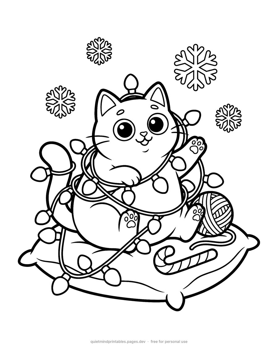 Cat Tangled in Christmas Lights printable coloring page for adults
