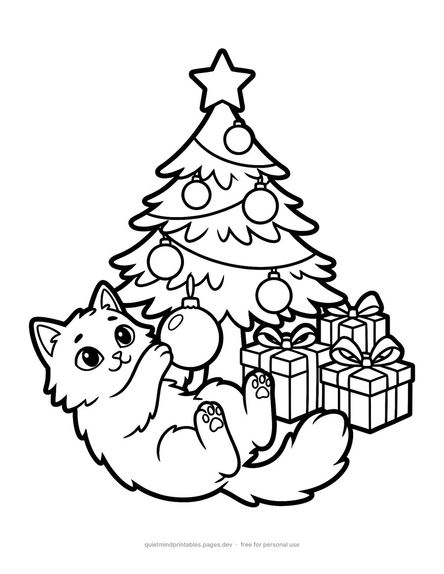 Cat Under the Christmas Tree printable coloring page for adults