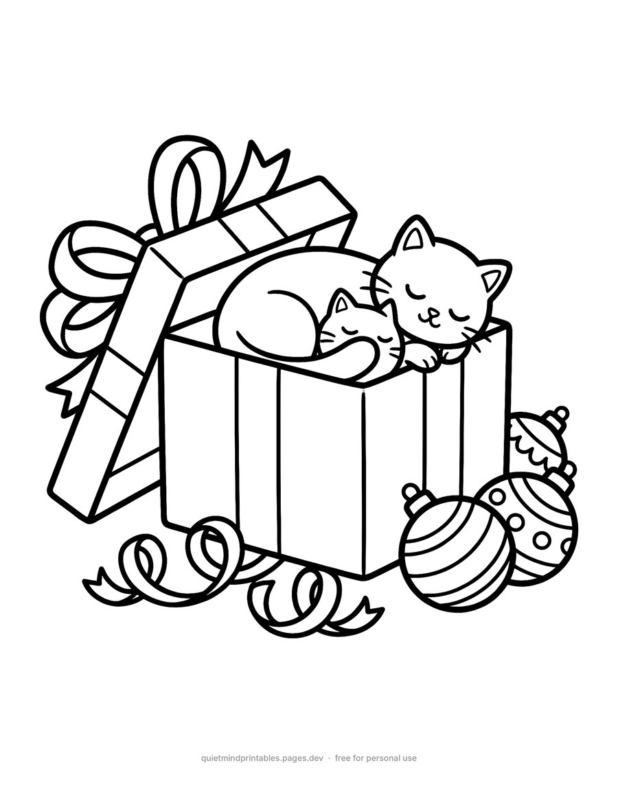 Sleepy Cats on a Gift Box printable coloring page for adults