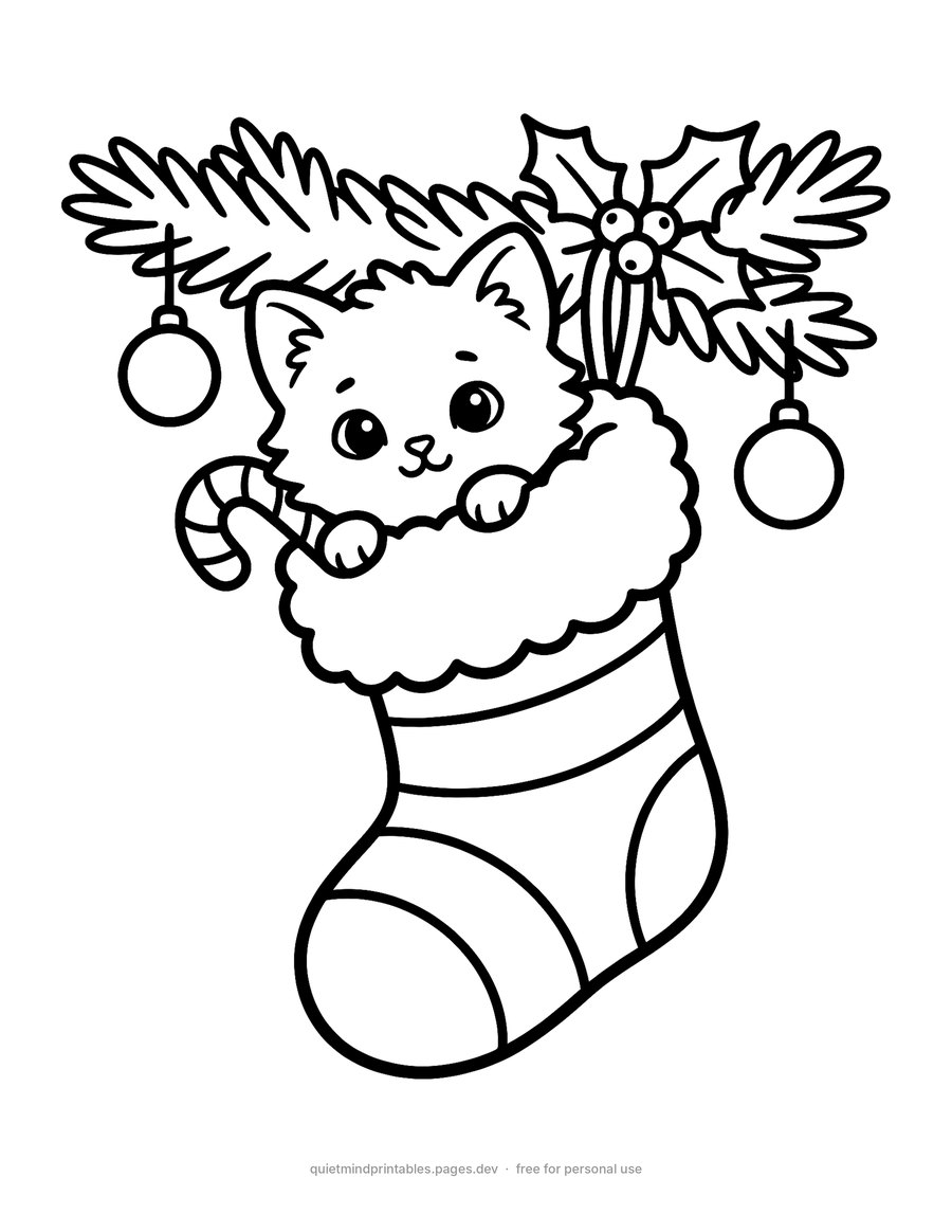 Kitten in a Christmas Stocking printable coloring page for adults