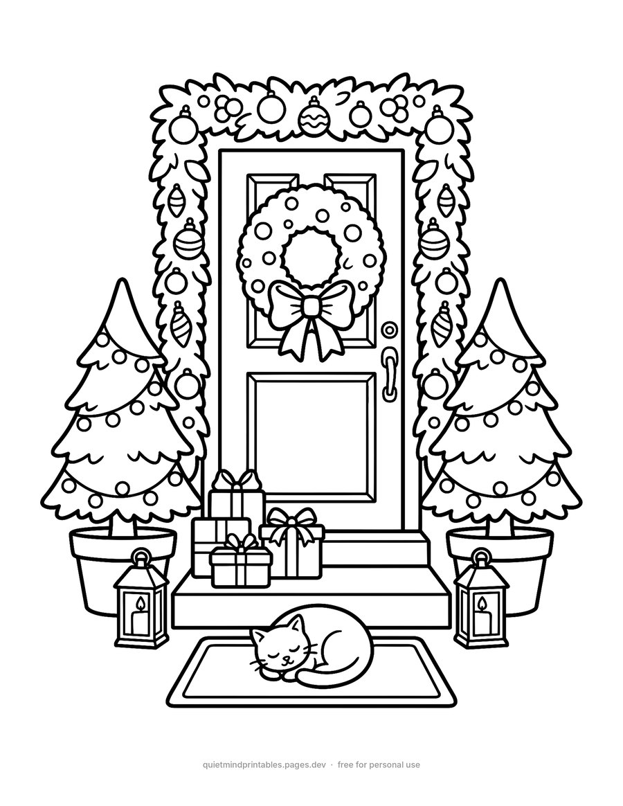 Christmas Front Door printable coloring page for adults