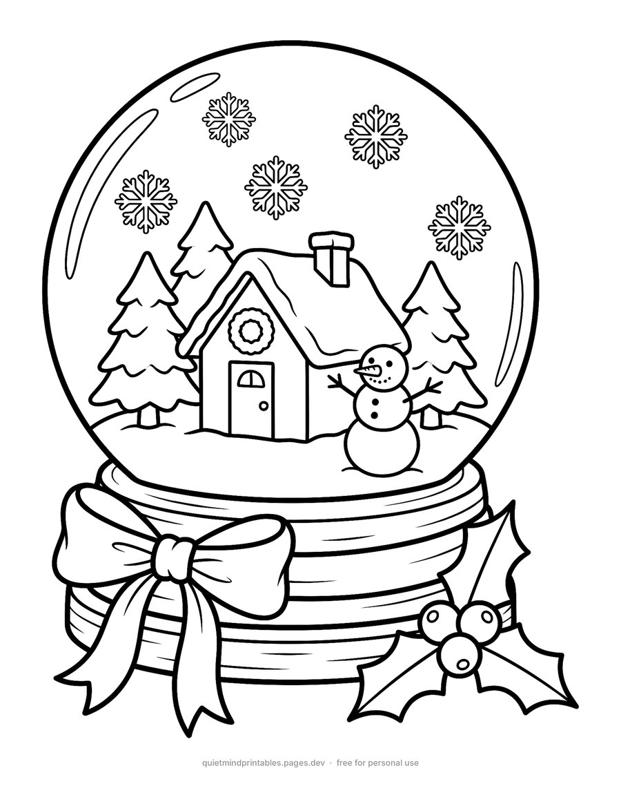 Cottage Snow Globe printable coloring page for adults