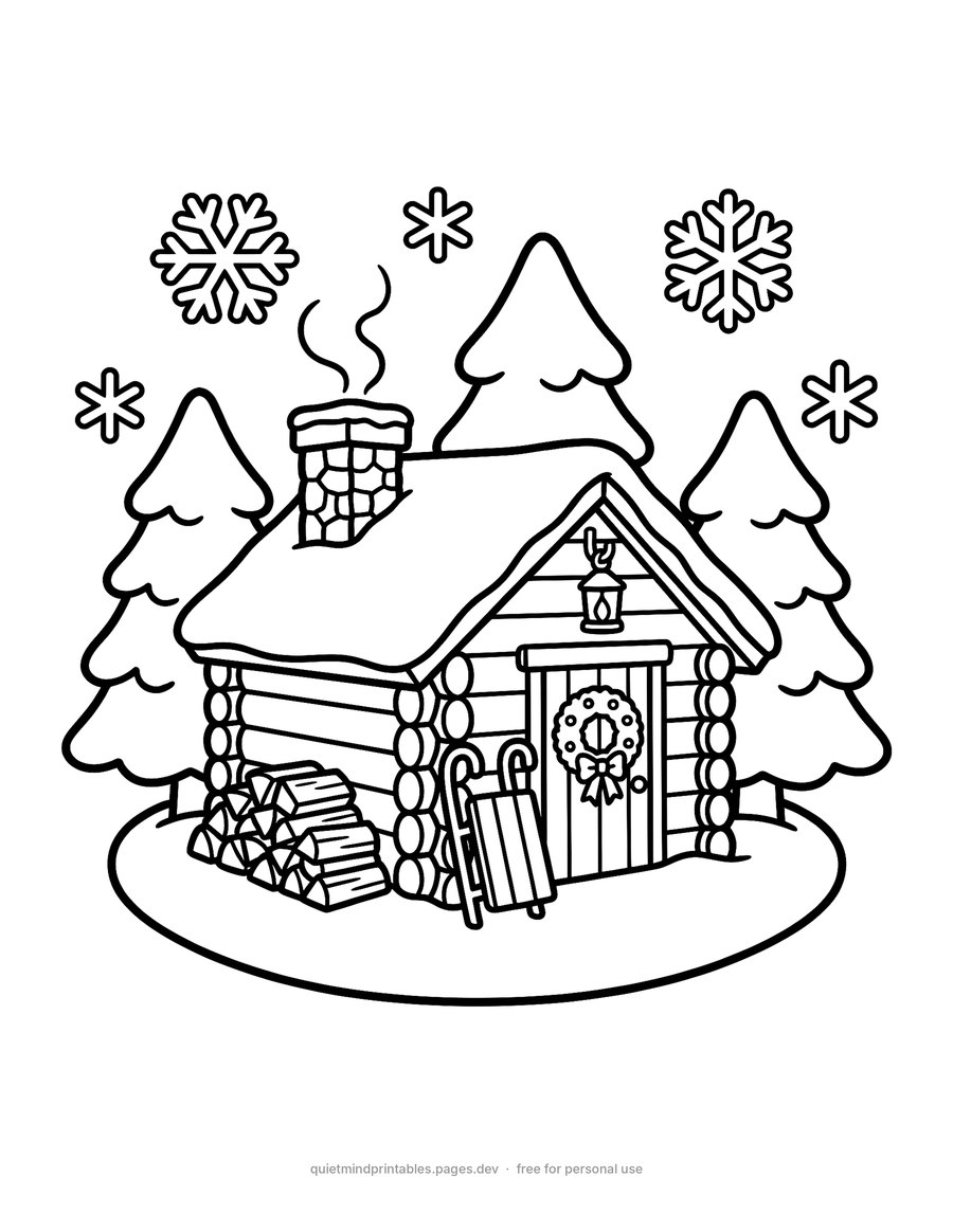 Log Cabin in the Snow printable coloring page for adults
