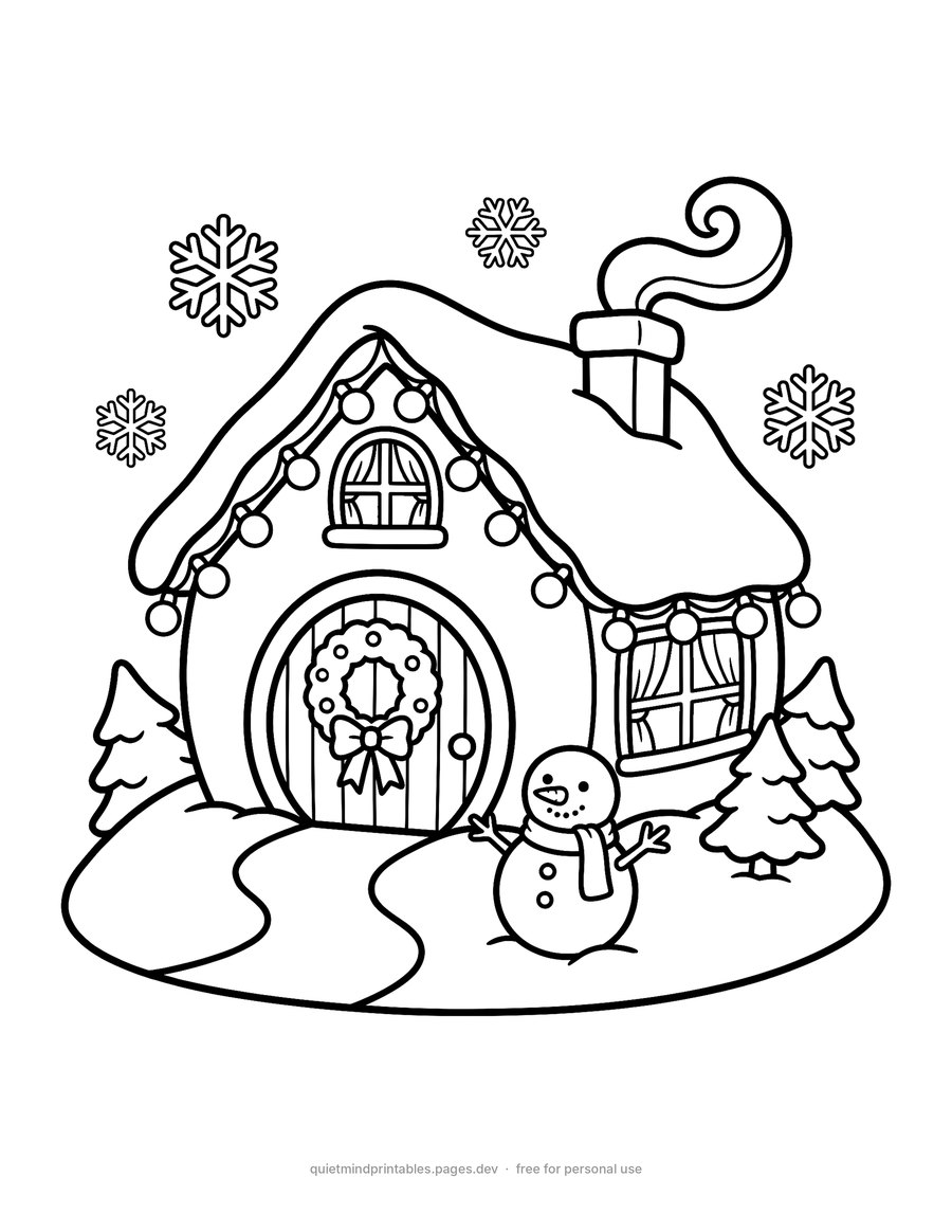 Snowy Cottage with Lights printable coloring page for adults