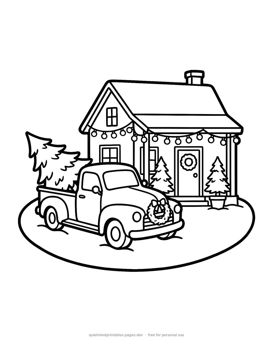 Vintage Truck with a Christmas Tree printable coloring page for adults