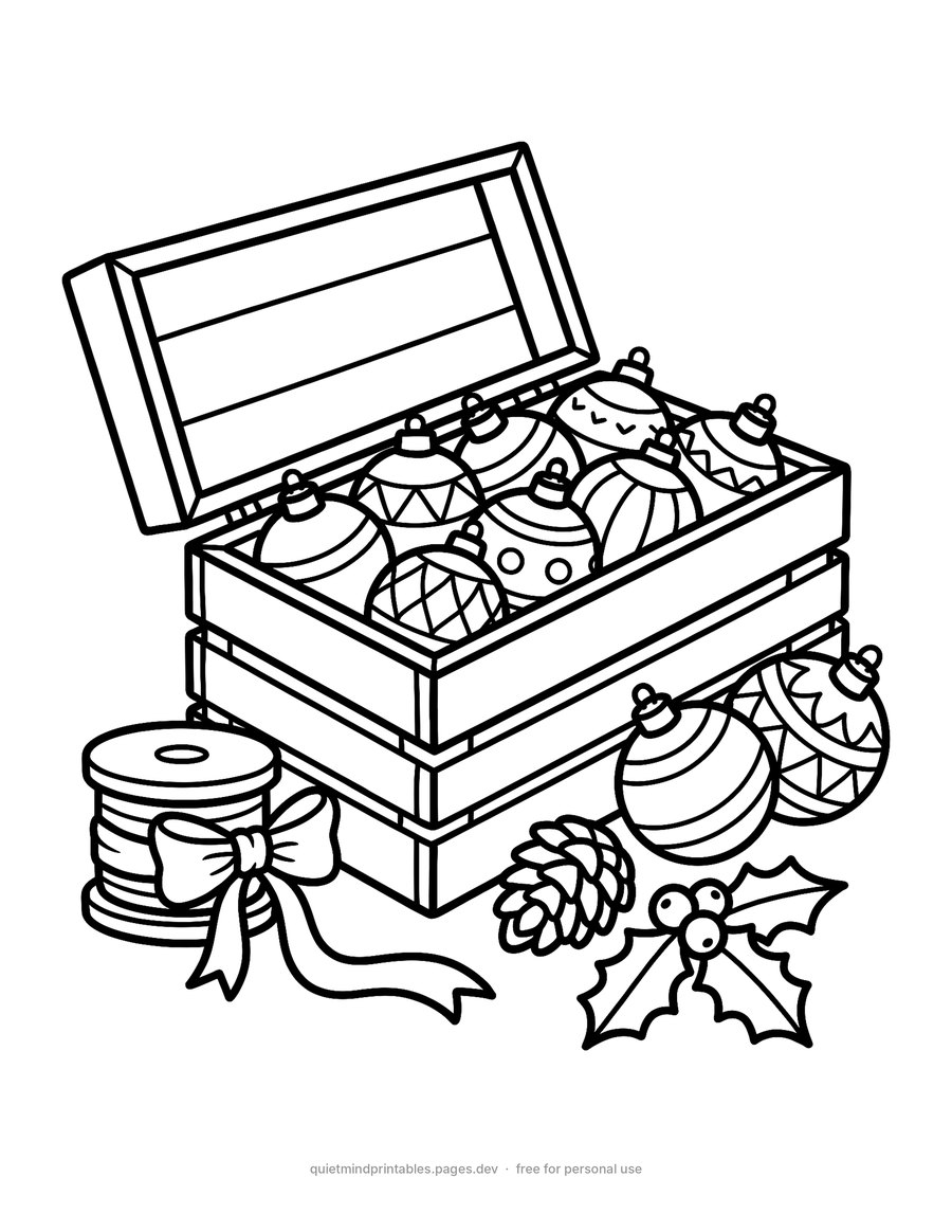 Box of Christmas Ornaments printable coloring page for adults