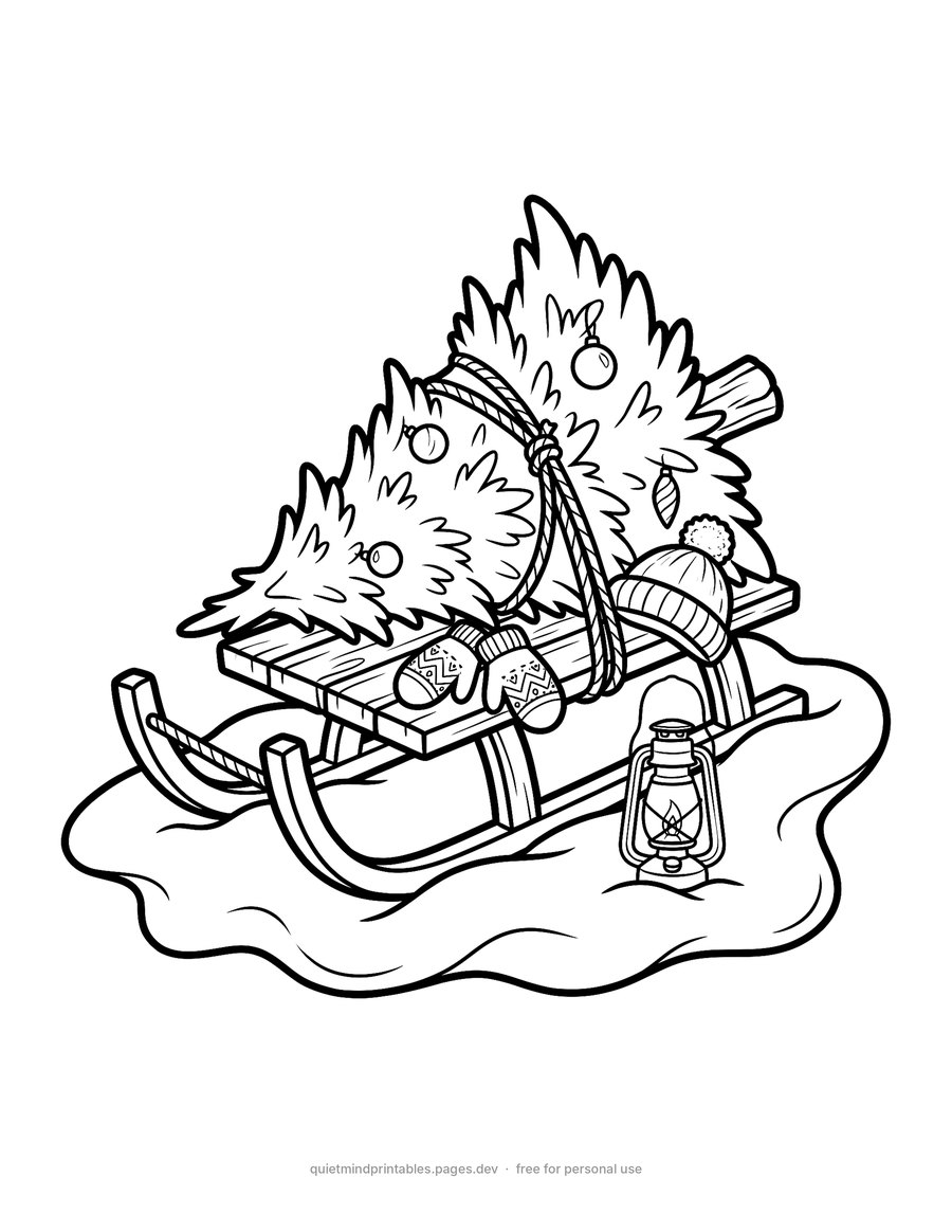 Christmas Tree on a Sled printable coloring page for adults
