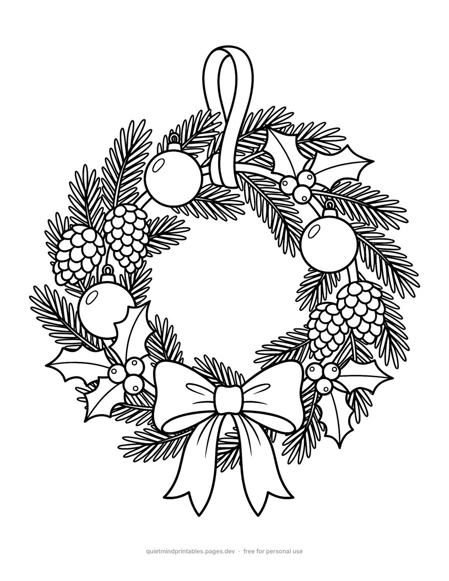 Christmas Wreath printable coloring page for adults