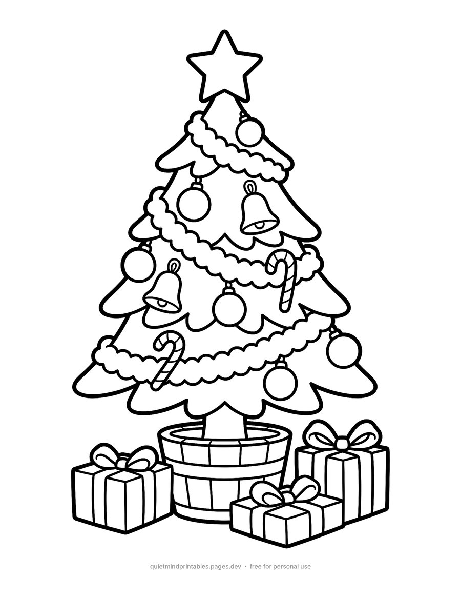 Decorated Christmas Tree printable coloring page for adults