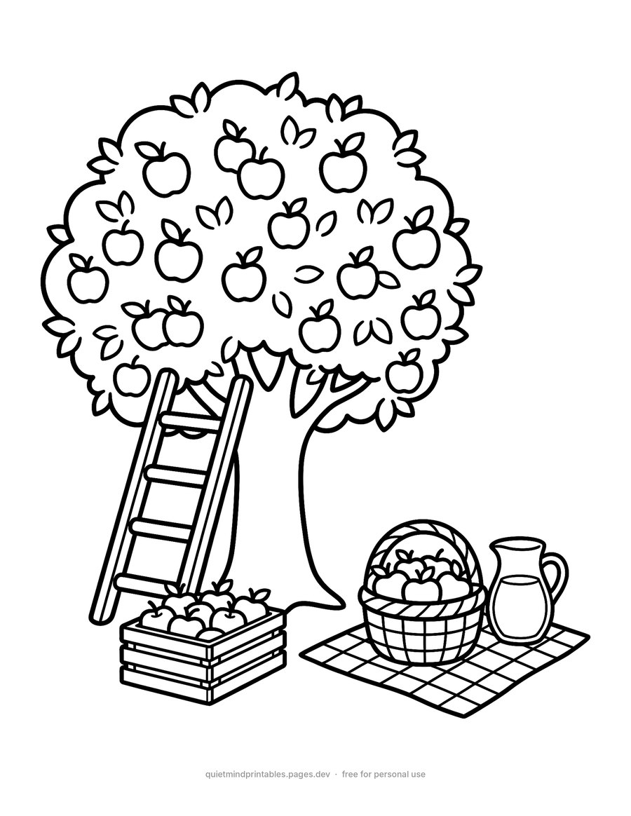 Apple Picking Day printable coloring page for adults