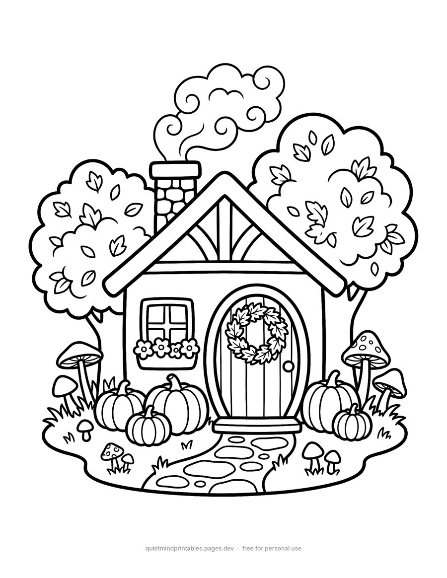 Little Cottage in the Autumn Woods printable coloring page for adults