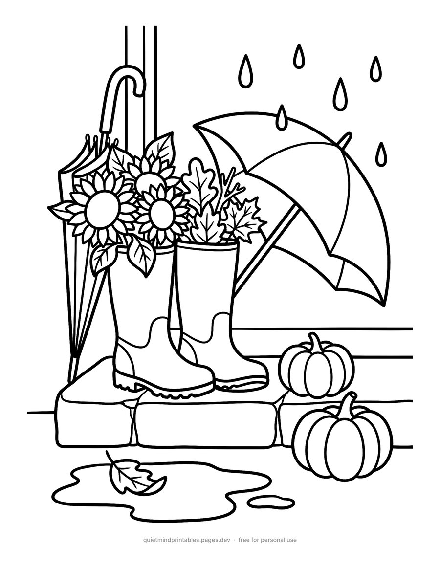 Rain Boots and Sunflowers printable coloring page for adults