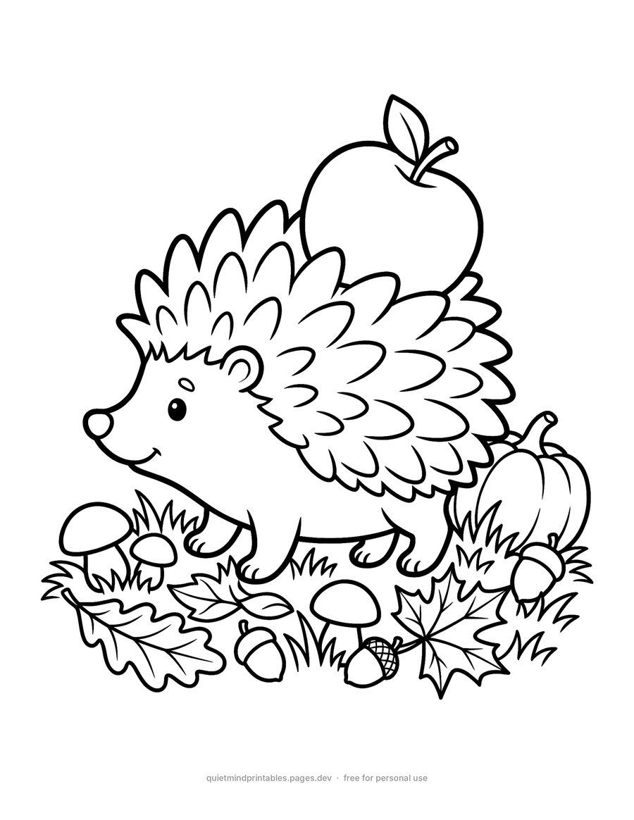 Hedgehog Carrying an Apple printable coloring page for adults