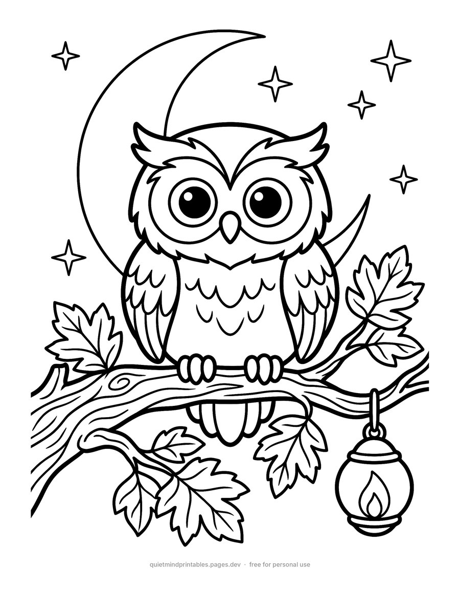 Owl Under the Moon printable coloring page for adults