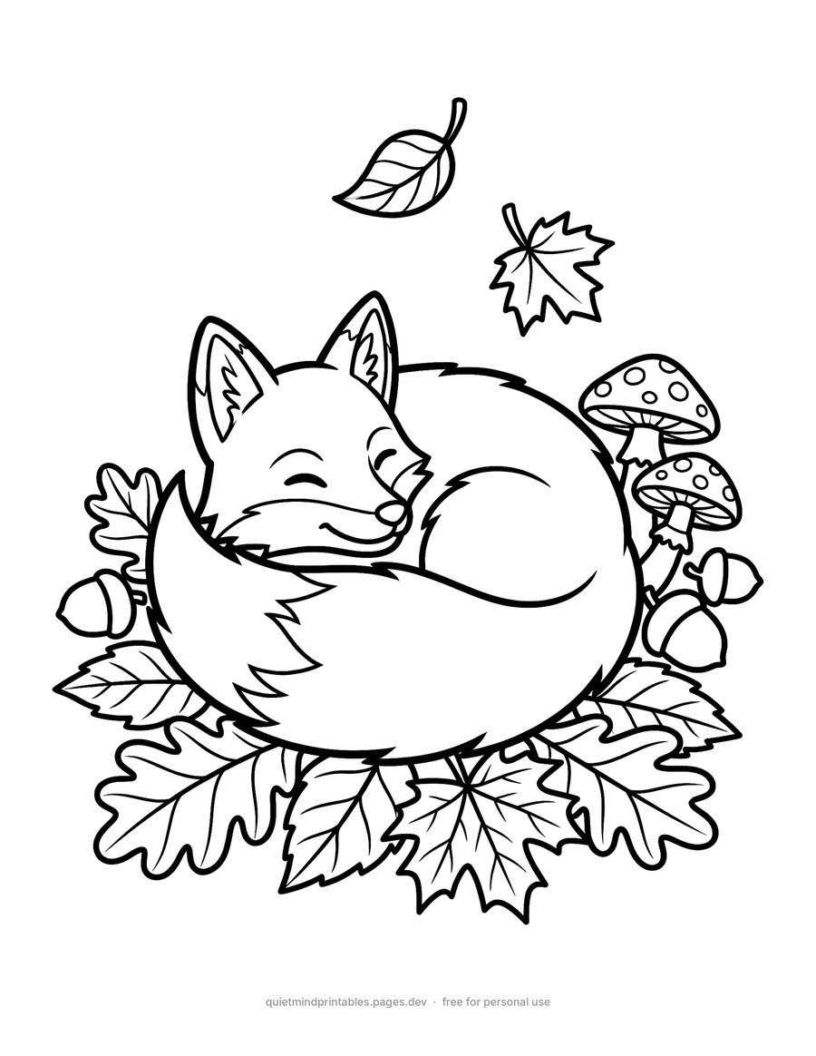 Sleeping Fox in the Leaves printable coloring page for adults