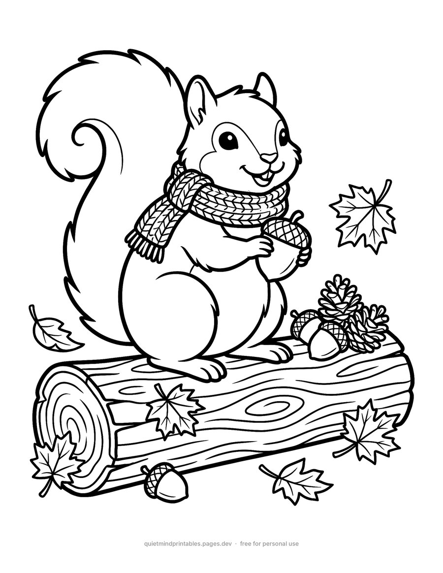 Squirrel in a Cozy Scarf printable coloring page for adults