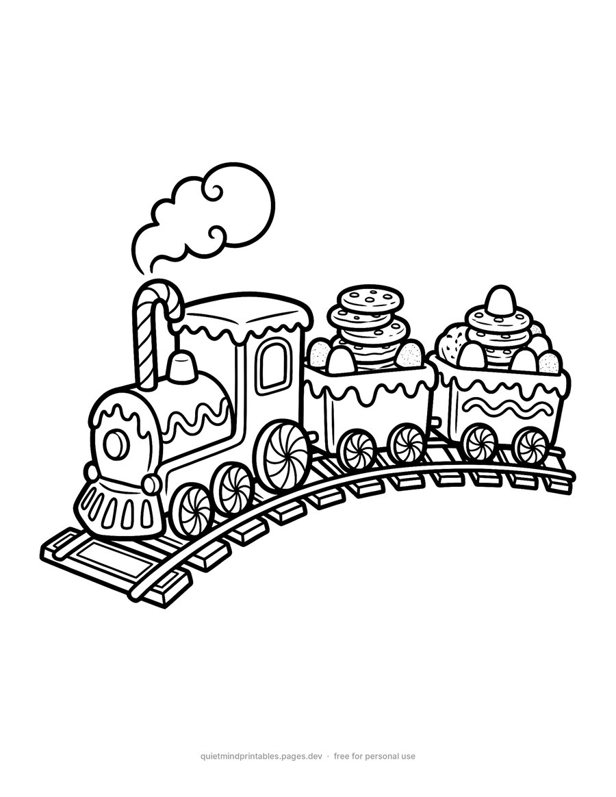 Gingerbread Train printable coloring page for adults