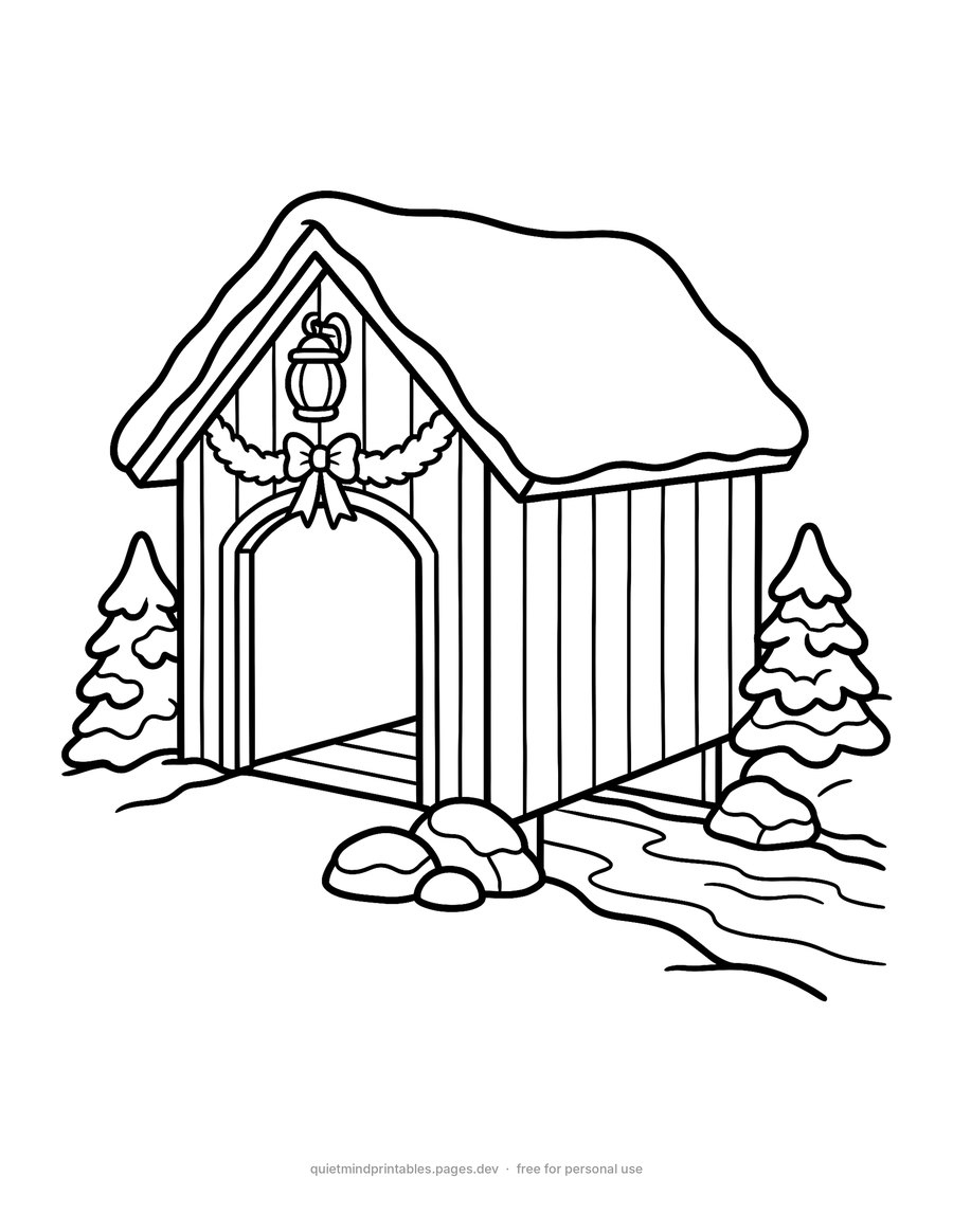 Covered Bridge in the Snow printable coloring page for adults
