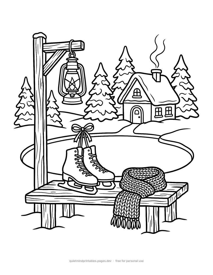 Ice Skating Pond printable coloring page for adults