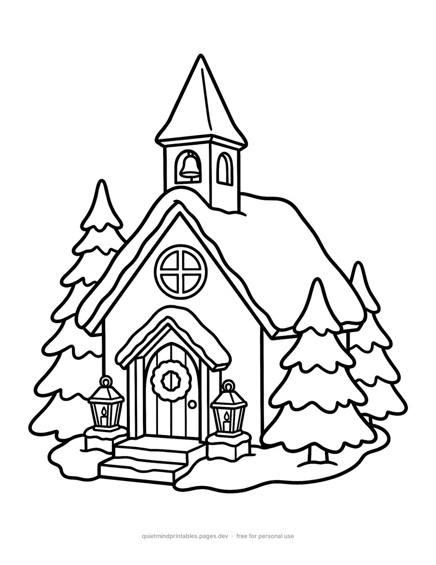 Little Snowy Chapel printable coloring page for adults
