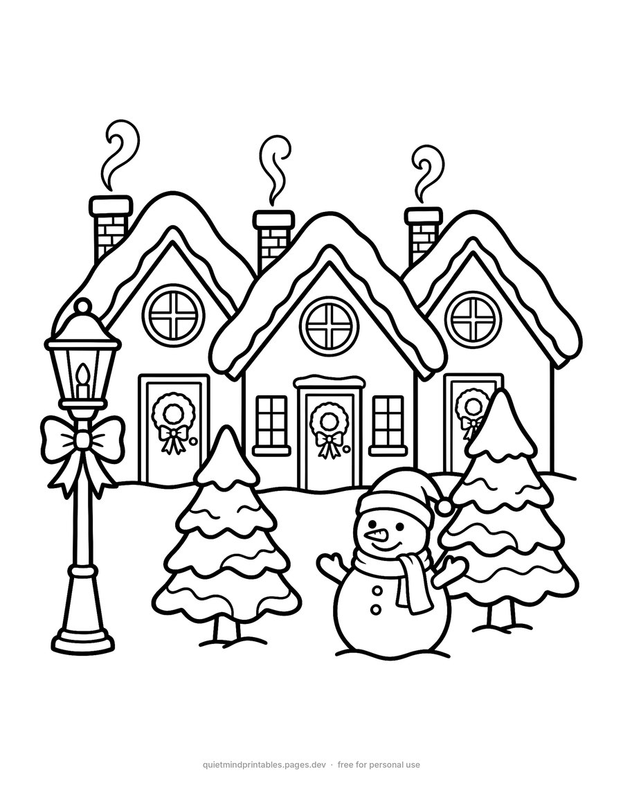 Snowy Village Street printable coloring page for adults