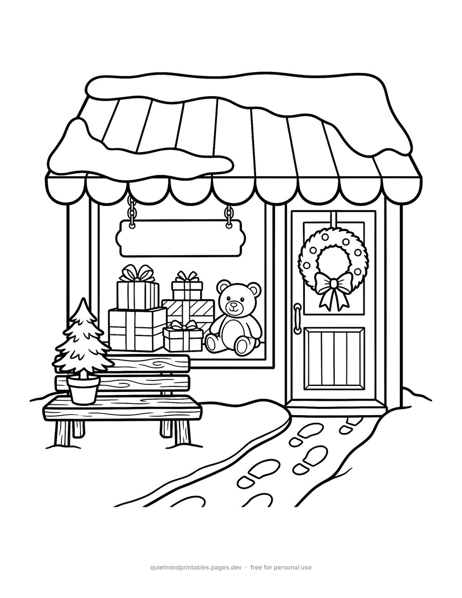 Village Gift Shop printable coloring page for adults