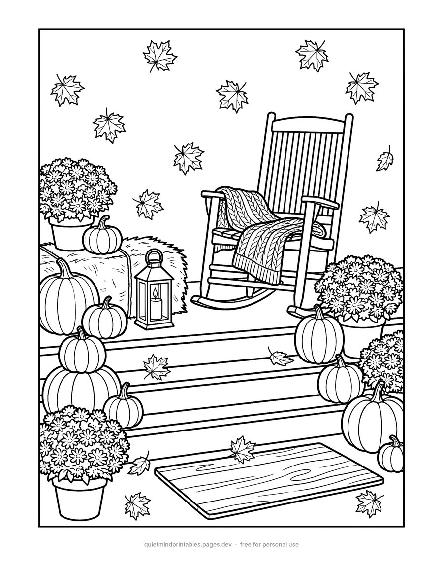 Autumn Front Porch printable coloring page for adults