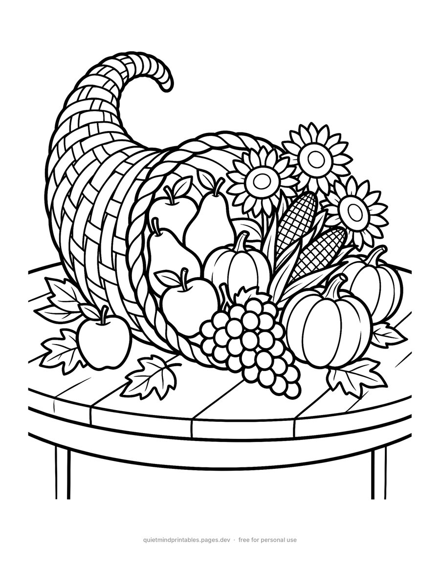 Harvest Cornucopia printable coloring page for adults