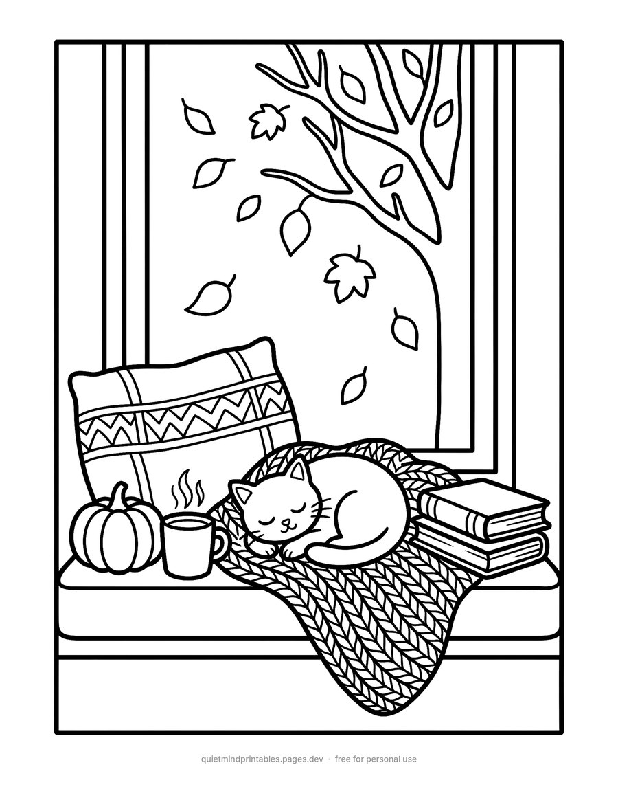 Sleepy Cat on a Window Seat printable coloring page for adults