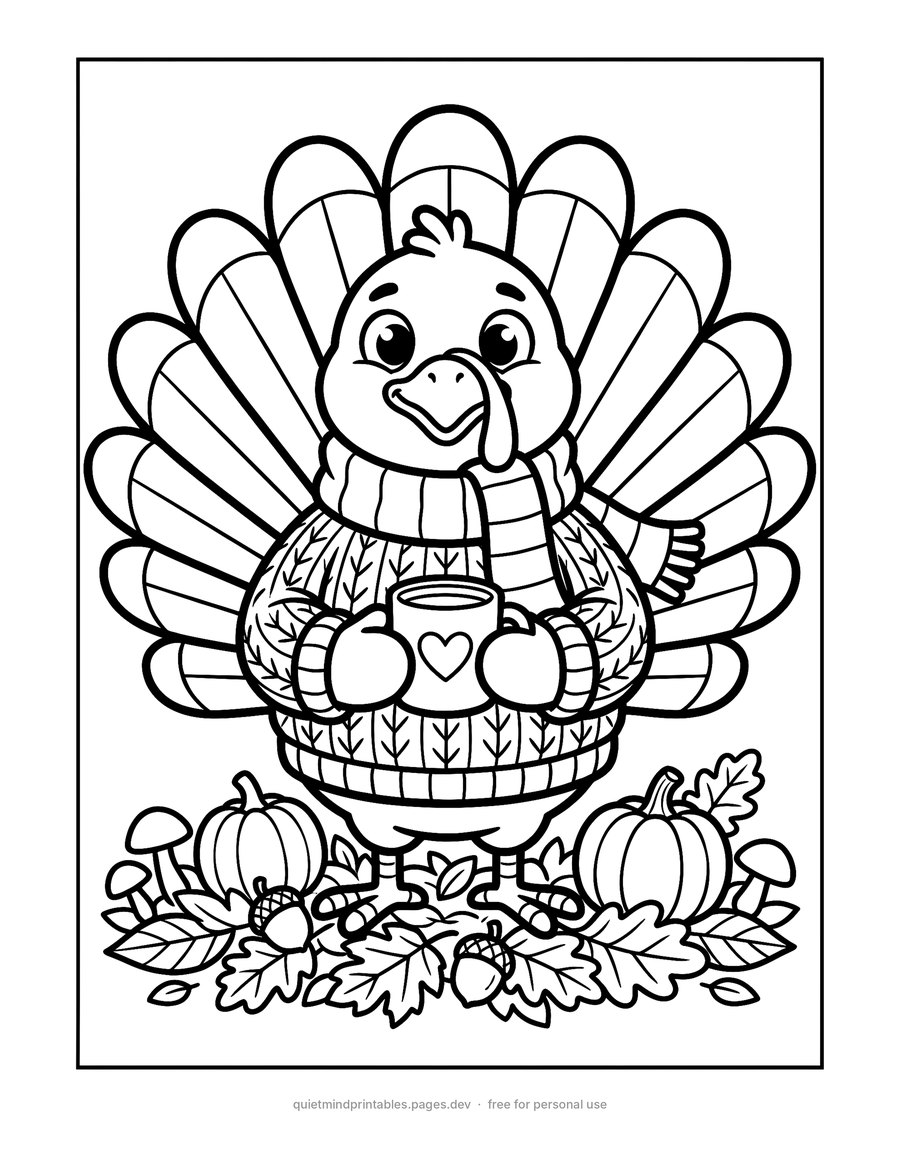 Turkey in a Cozy Sweater printable coloring page for adults